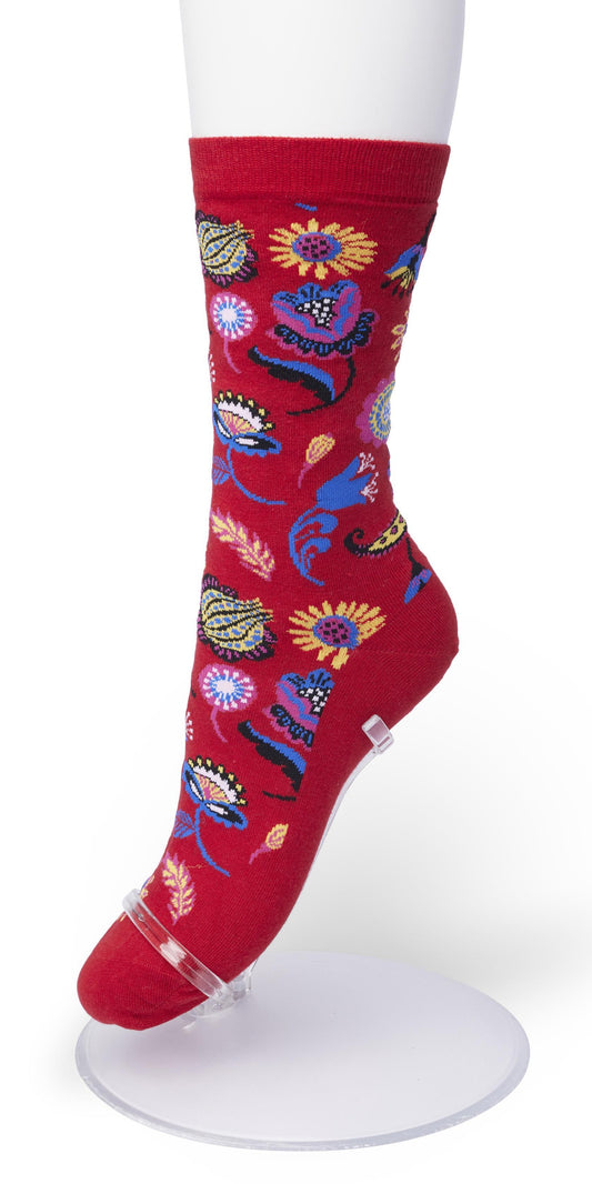 Bonnie Doon BP211121 Flower Fantasy Sock - Red cotton ankle socks with a woven multicoloured floral pattern.