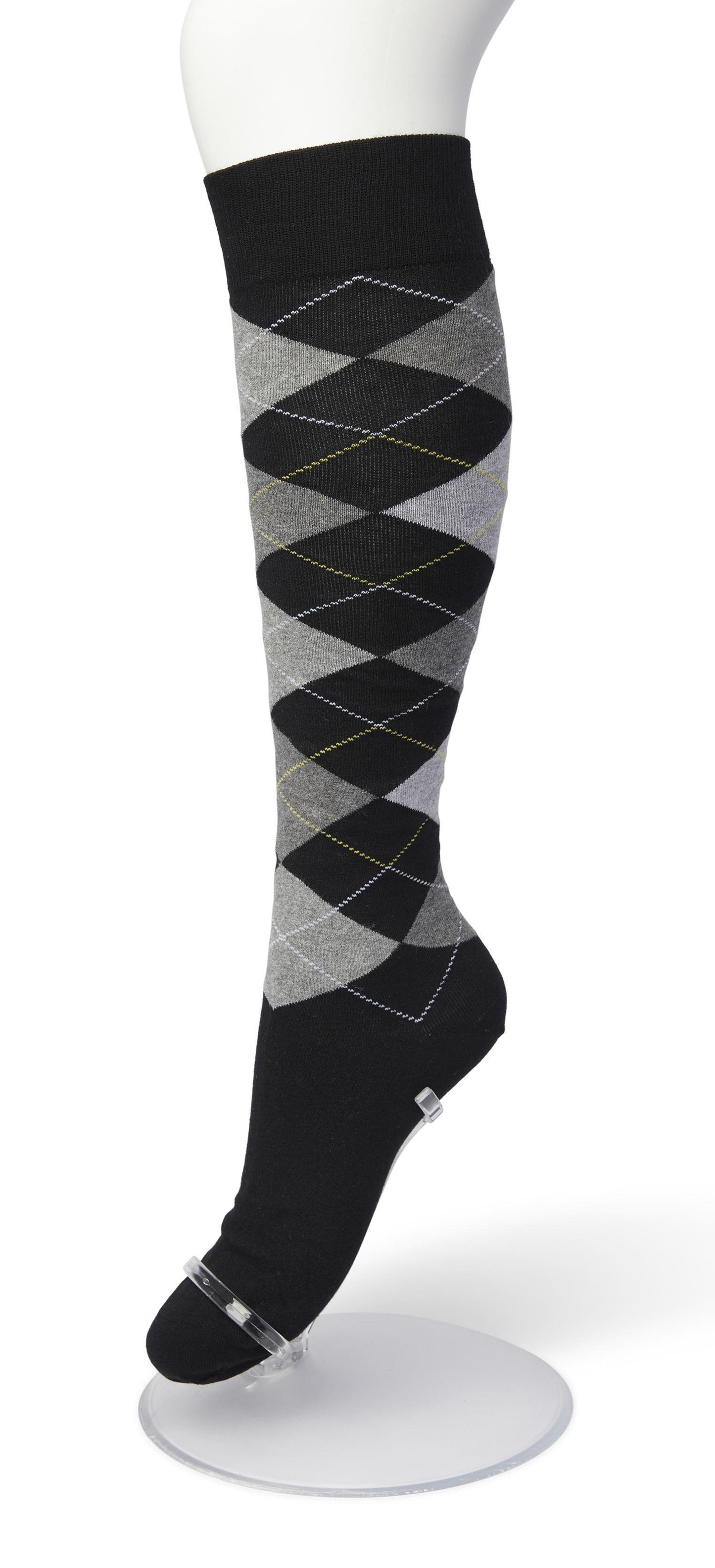 Bonnie Doon BP211505 Argyle Knee-highs - Golf style knee-high socks with a diamond argyle tartan check pattern in black, grey and yellow.