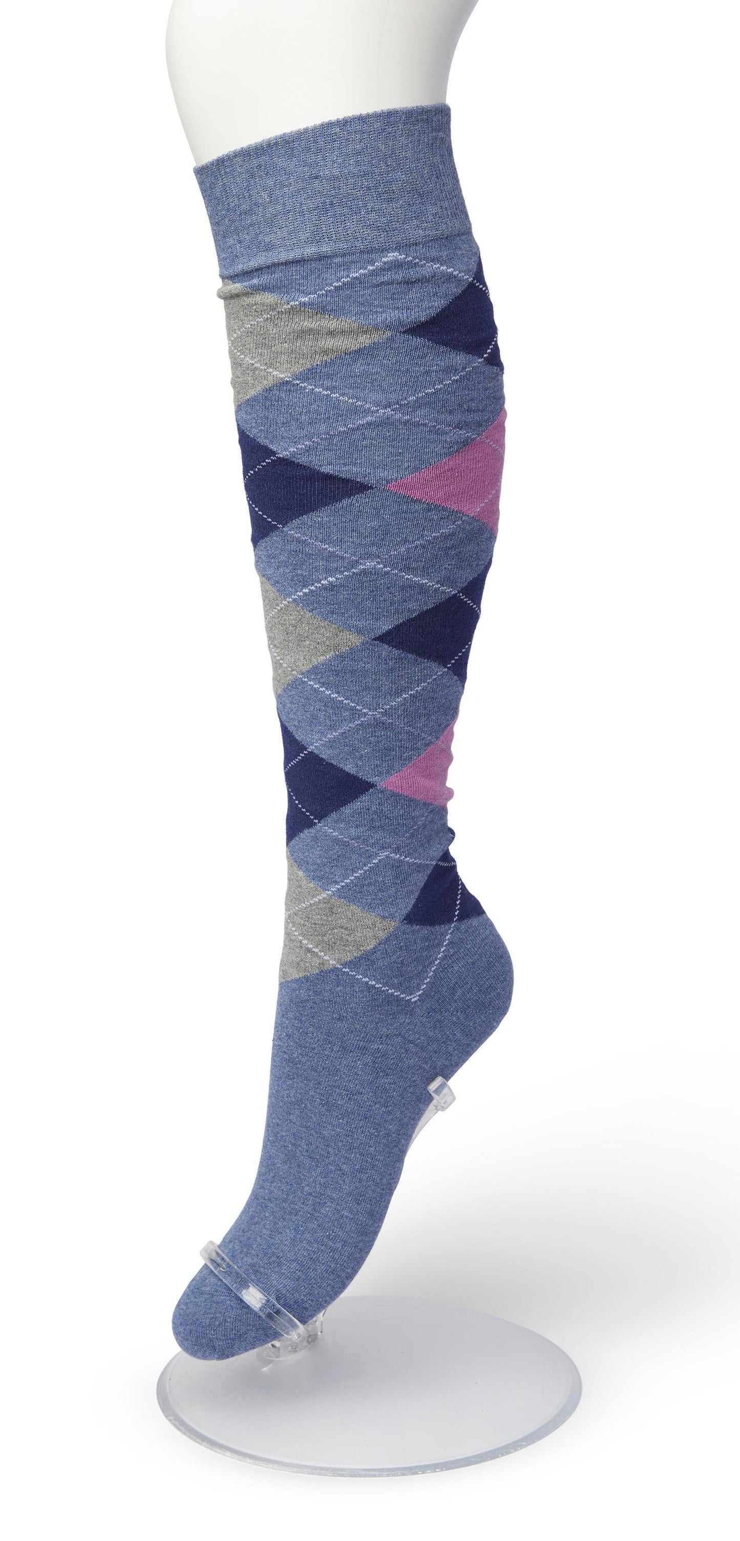 Bonnie Doon BP211505 Argyle Knee-highs - Golf style knee-high socks with a diamond argyle tartan check pattern in denim blue, pink, navy and pale grey.
