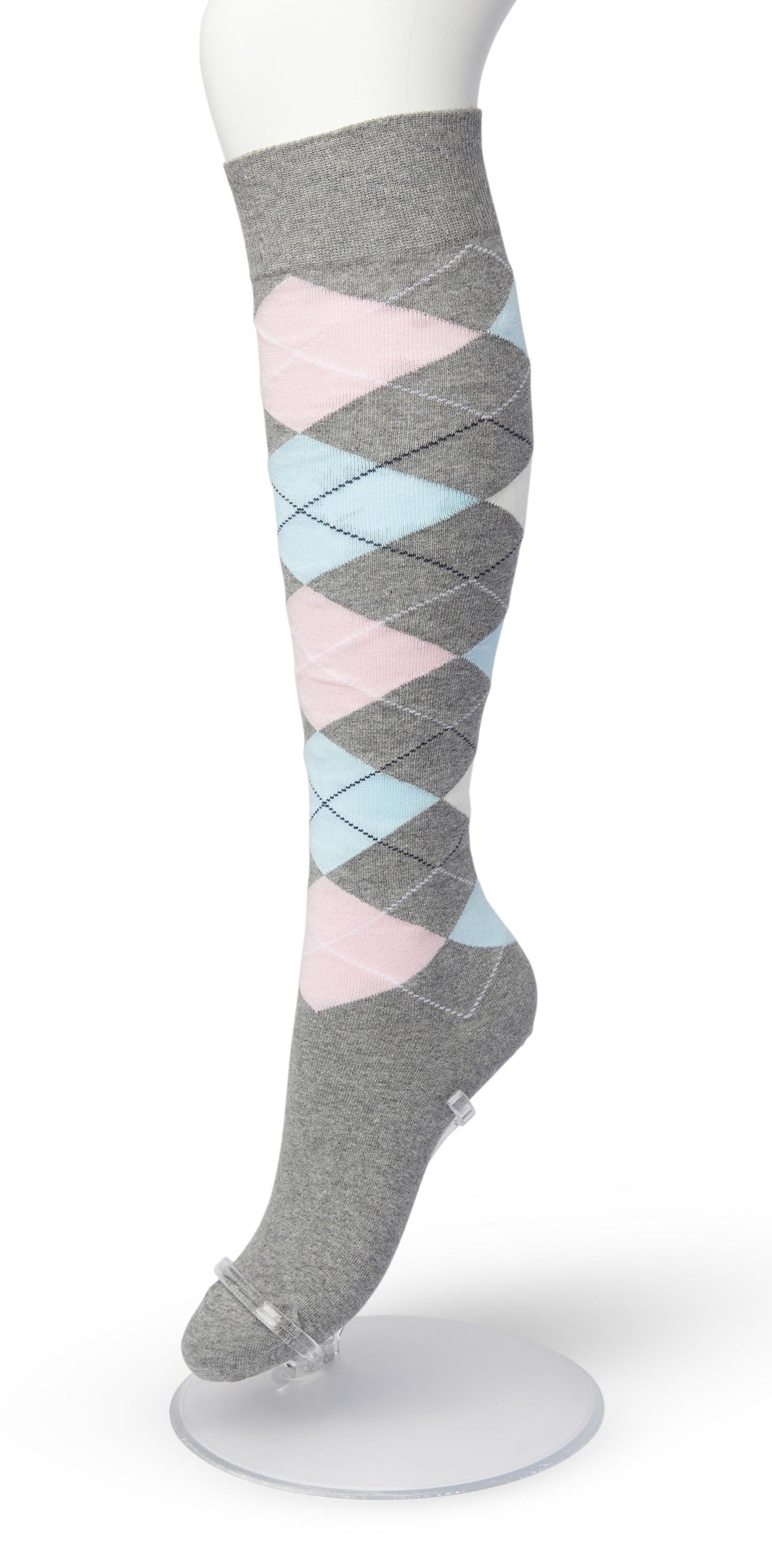 Bonnie Doon BP211505 Argyle Knee-highs - Golf style knee-high socks with a diamond argyle tartan check pattern in light grey, baby pink and pale blue.