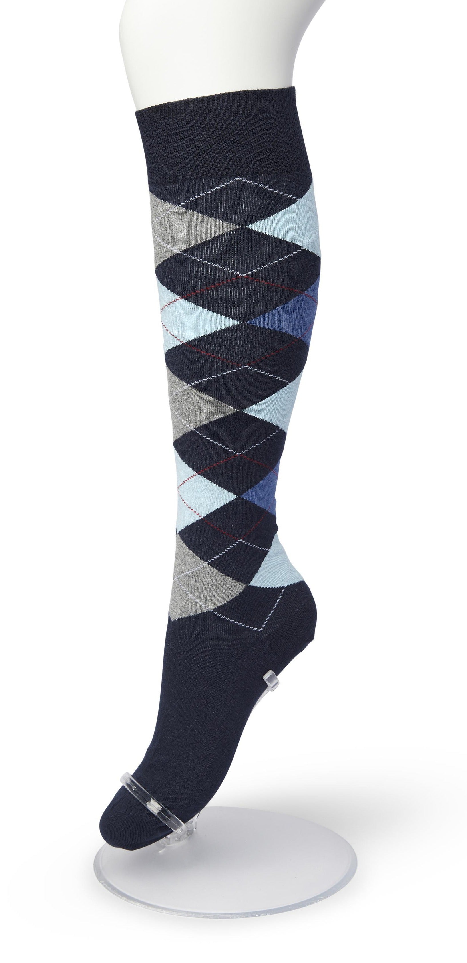 Bonnie Doon BP211505 Argyle Knee-highs - Golf style knee-high socks with a diamond argyle tartan check pattern in navy, blue, light baby blue and red.