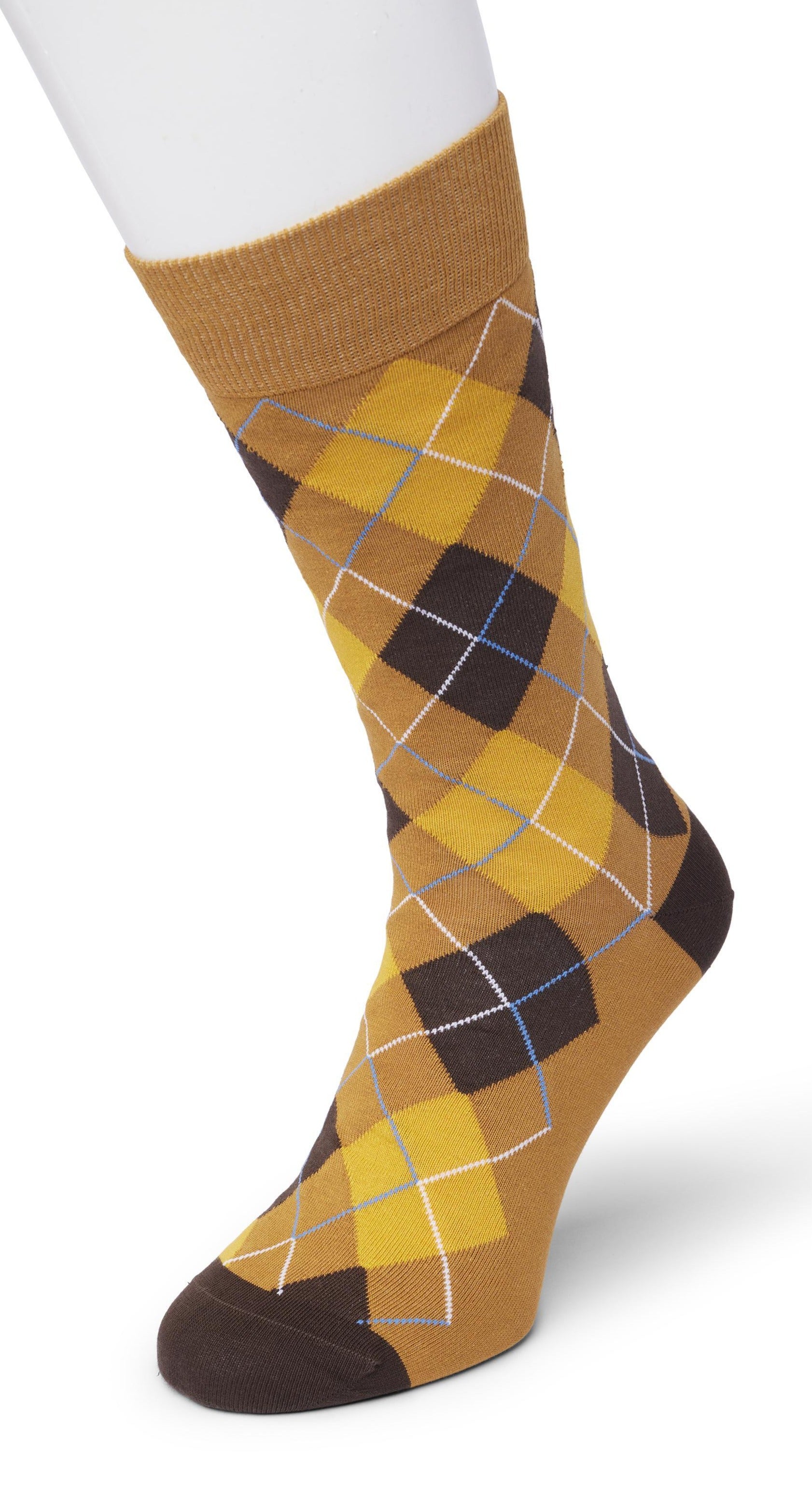 Bonnie Doon BP212113 Argyle Sock - Men's mustard yellow, rust orange, brown and blue cotton ankle socks with a golf style diamond argyle tartan check pattern.