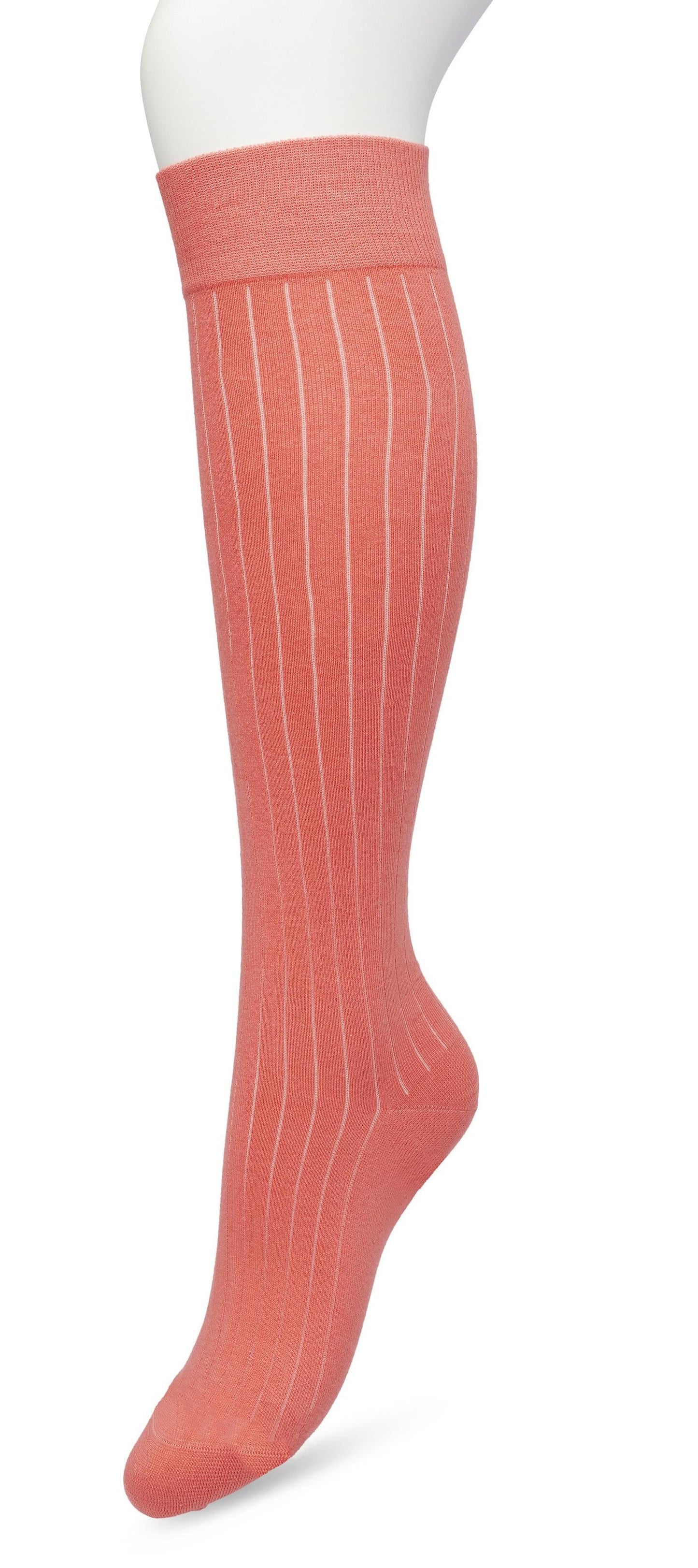 Bonnie Doon Rib Knee High Sock - Coral pink light knitted rib knee-high sock with shaped heel, flat toe seam and deep elasticated cuff.