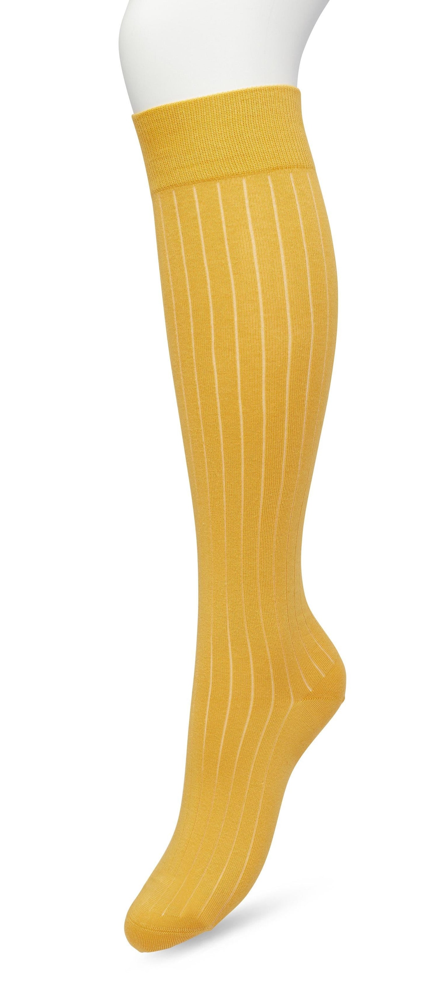 Bonnie Doon Rib Knee High Sock - Mustard yellow light knitted rib knee-high sock with shaped heel, flat toe seam and deep elasticated cuff.