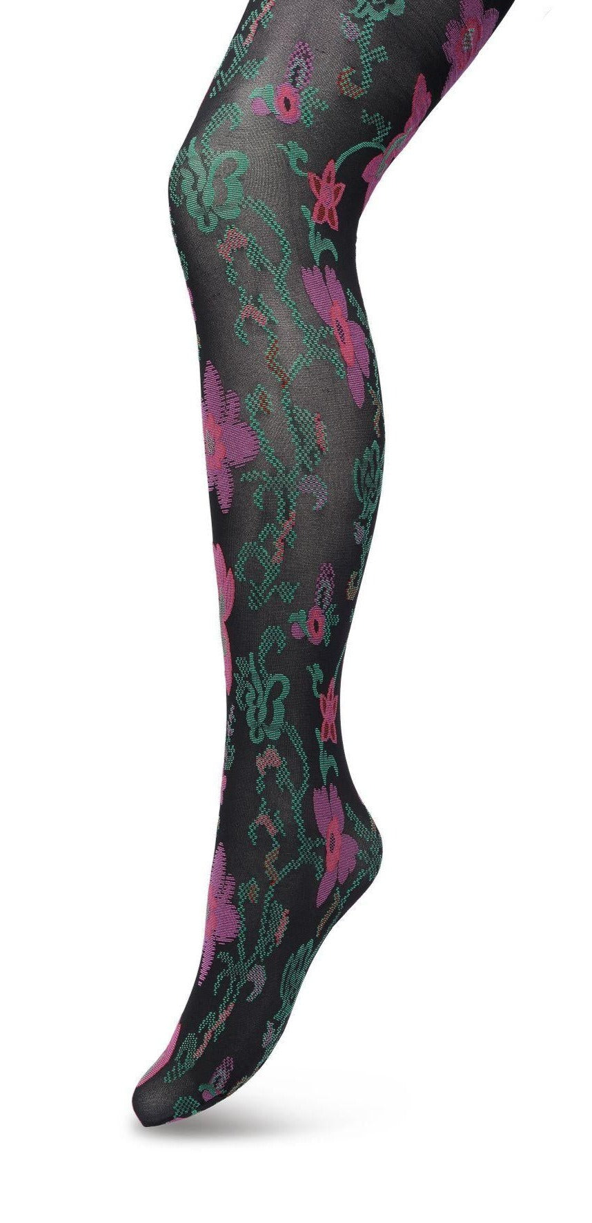 Bonnie Doon BP221905 Floral Ornament Tights - Black opaque fashion tights with a woven floral vine pattern in pink and green
