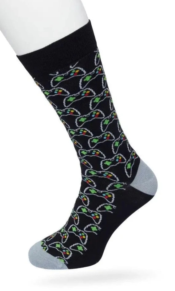 Bonnie Doon Game Sock - Black men's cotton crew length sock with game console controller pattern, perfect for the gamer in your life.