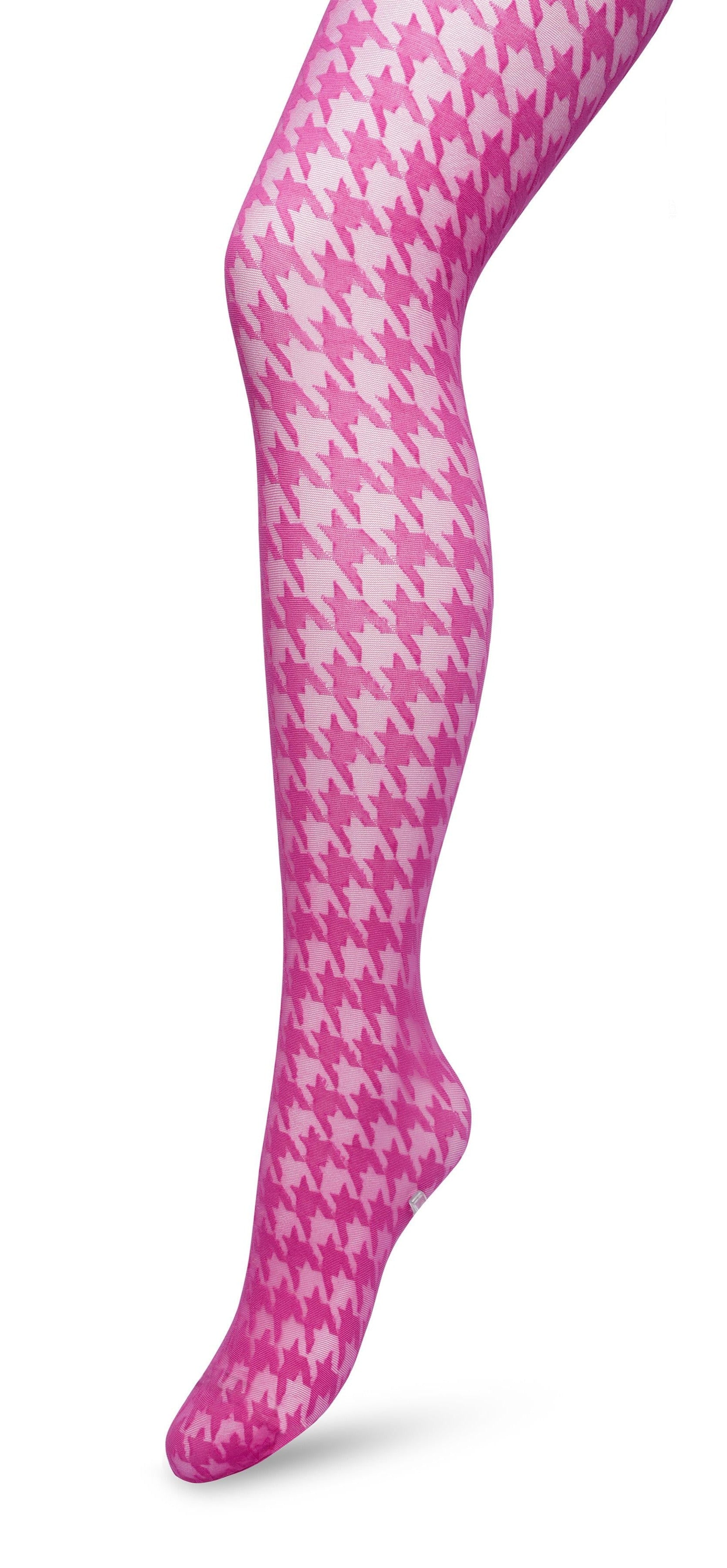Bonnie Doon BP221903 Houndstooth Tights - Sheer fashion tights with a woven opaque dogtooth pattern in bright pink.