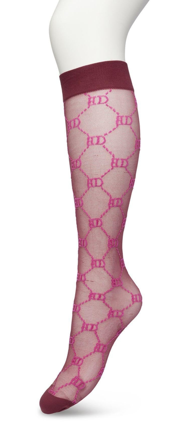 Bonnie Doon BP221801 Logo Knee-highs - Sheer wine and pink Gucci inspired fashion knee high socks with a woven dotted diamond style pattern with BD for Bonnie Doon