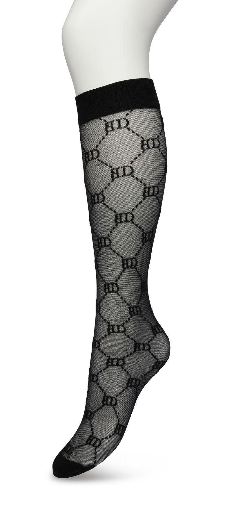 Bonnie Doon BP221801 Logo Knee-highs - Sheer black Gucci inspired fashion knee high socks with a woven dotted diamond style pattern with BD for Bonnie Doon