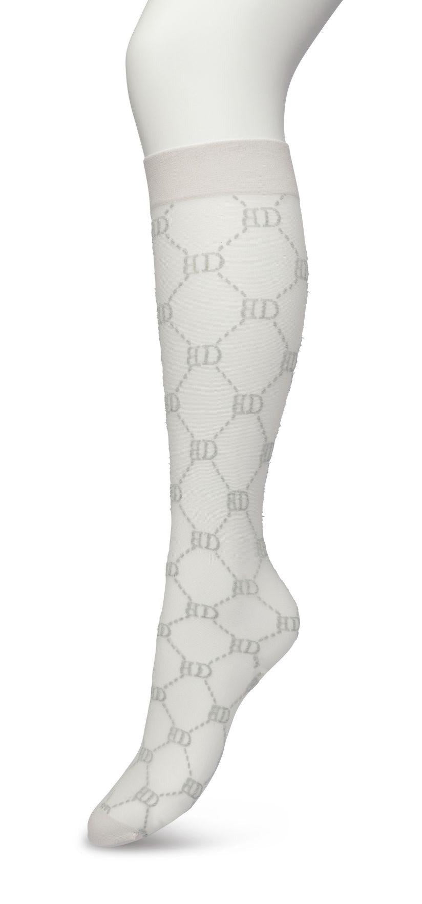Bonnie Doon BP221801 Logo Knee-highs - Sheer pale light grey Gucci inspired fashion knee high socks with a woven dotted diamond style pattern with BD for Bonnie Doon