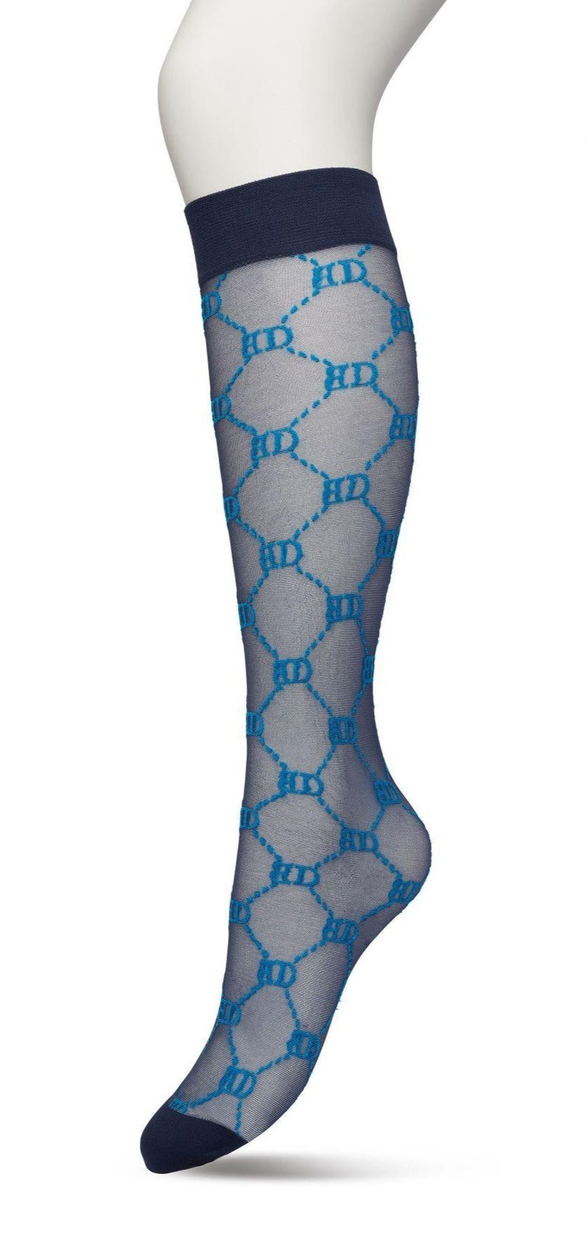 Bonnie Doon BP221801 Logo Knee-highs - Sheer navy and blue Gucci inspired fashion knee high socks with a woven dotted diamond style pattern with BD for Bonnie Doon