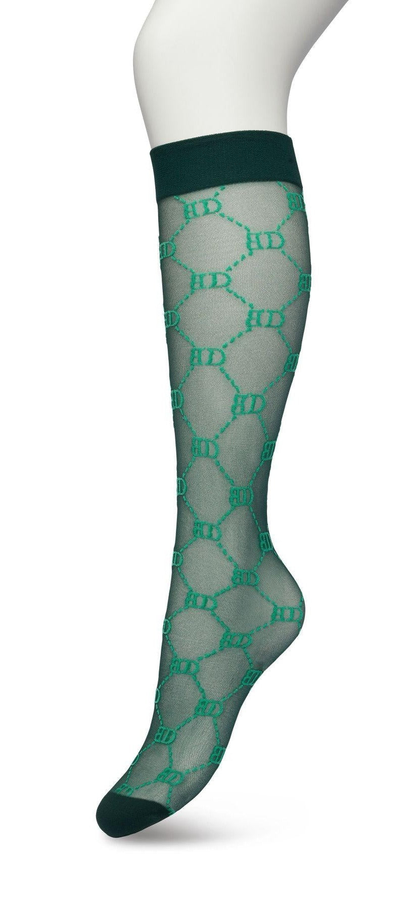 Bonnie Doon BP221801 Logo Knee-highs - Sheer dark bottle greenGucci inspired fashion knee high socks with a woven dotted diamond style pattern with BD for Bonnie Doon