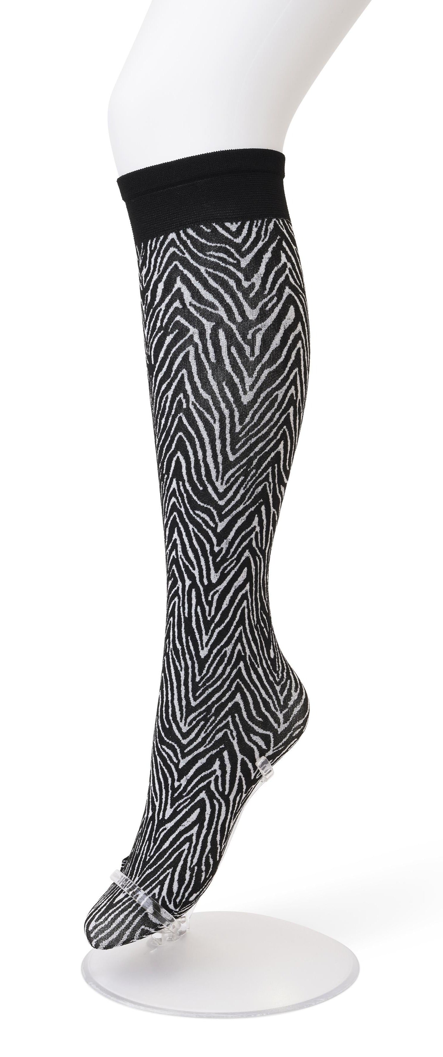 Bonnie Doon BP211509 Minotauro Knee-highs - Black opaque fashion knee-high socks with a linear zebra style pattern in white.Bonnie Doon BP211509 Minotauro Knee-highs - Black opaque fashion knee-high socks with a linear zebra style pattern in white.