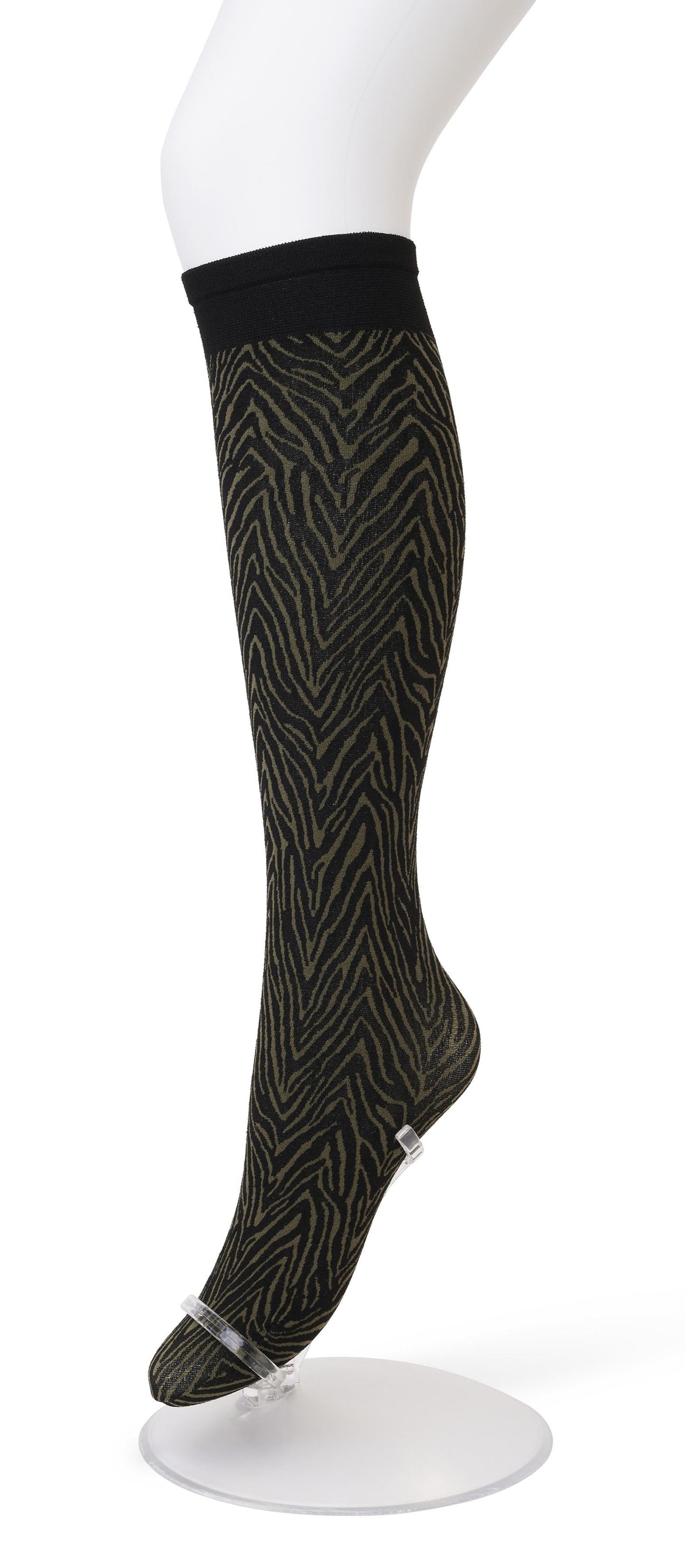 Bonnie Doon BP211509 Minotauro Knee-highs - Black opaque fashion knee-high socks with a linear zebra style pattern in khaki green.