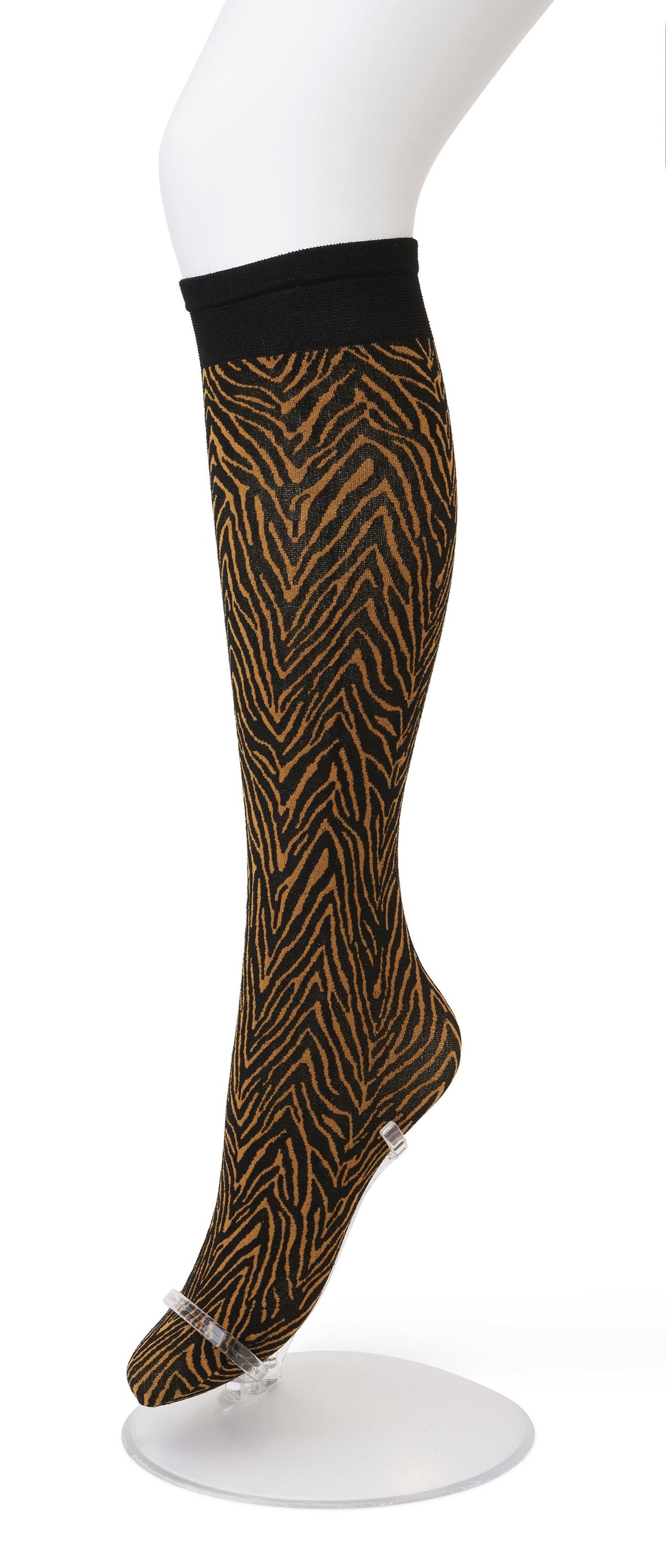 Bonnie Doon BP211509 Minotauro Knee-highs - Black opaque fashion knee-high socks with a linear zebra style pattern in rust.