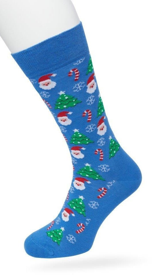 Bonnie Doon BP212512 / BP211512 Santa Sock - Blue Christmas themed cotton crew length ankle socks with Santas, candy canes, snowflakes and Xmas trees, baubles and flat toe seams.