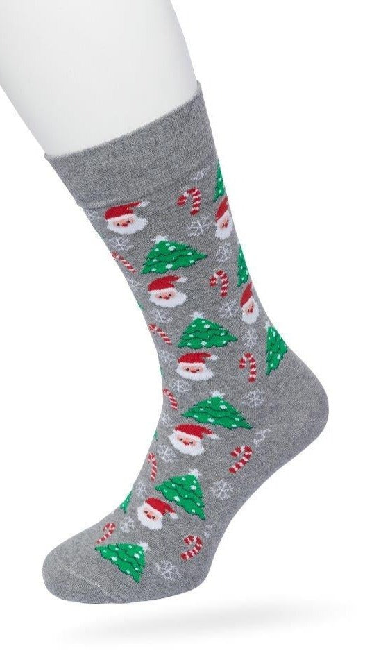 Bonnie Doon BP212512 / BP211512 Santa Sock - Grey Christmas themed cotton crew length ankle socks with Santas, candy canes, snowflakes and Xmas trees, baubles and flat toe seams.