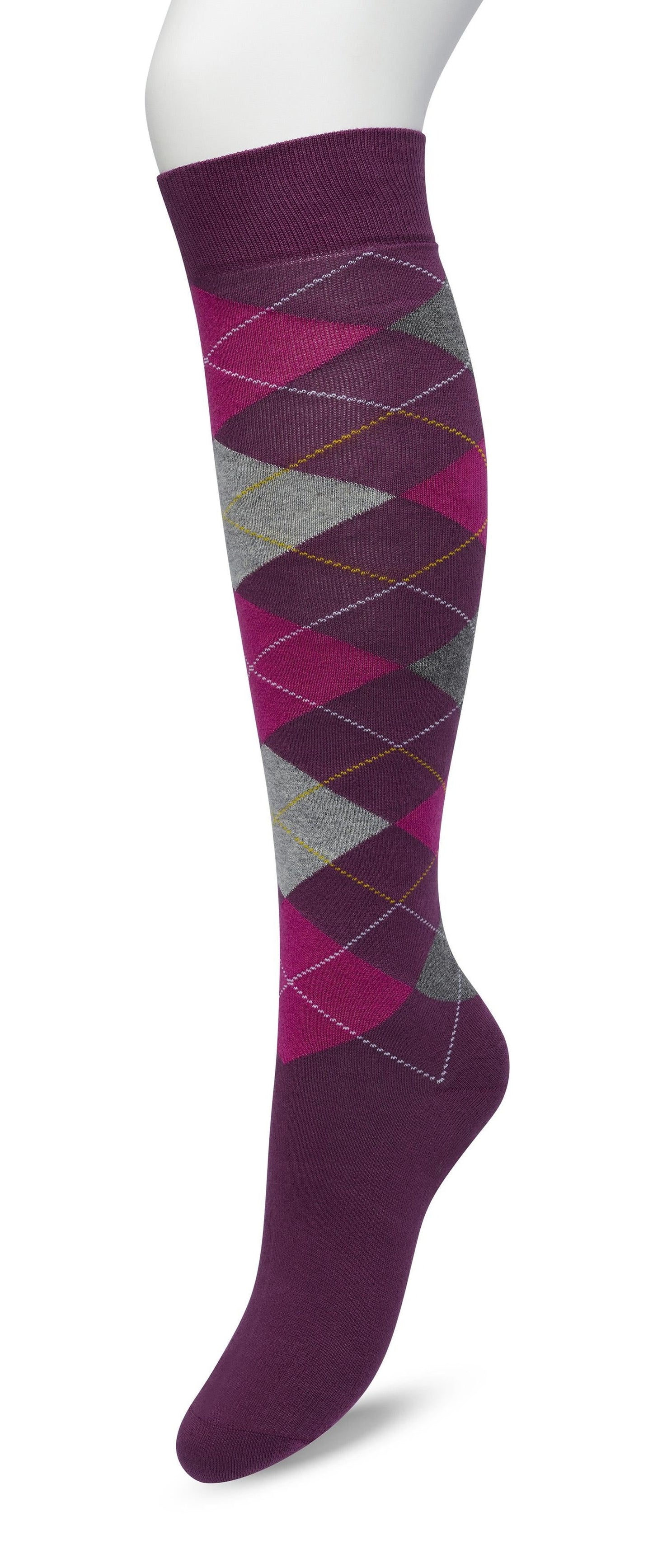 Bonnie Doon BP211505 Argyle Knee-highs - Golf style knee-high socks with a diamond argyle tartan check pattern in grey, pink and berry purple.