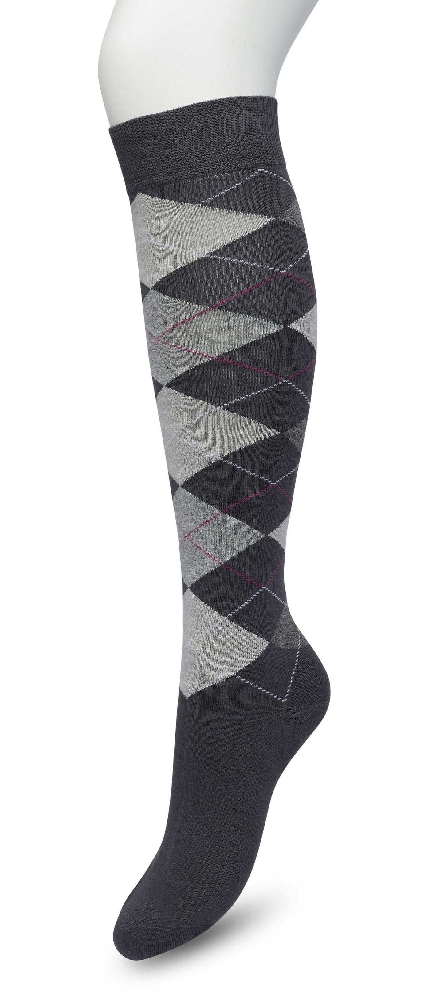 Bonnie Doon BP211505 Argyle Knee-highs - Golf style knee-high socks with a diamond argyle tartan check pattern in light grey, dark grey and pink.