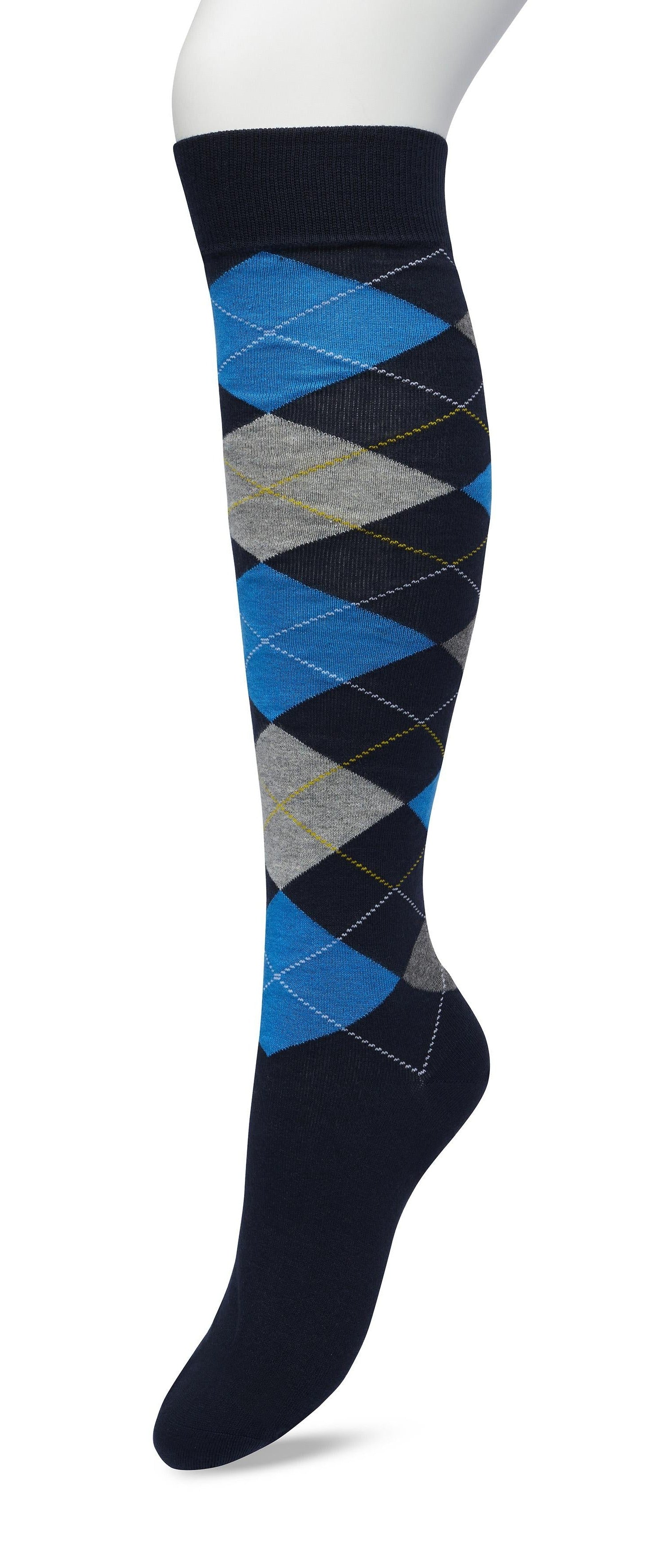 Bonnie Doon BP211505 Argyle Knee-highs - Golf style knee-high socks with a diamond argyle tartan check pattern in bright blue, navy and grey.