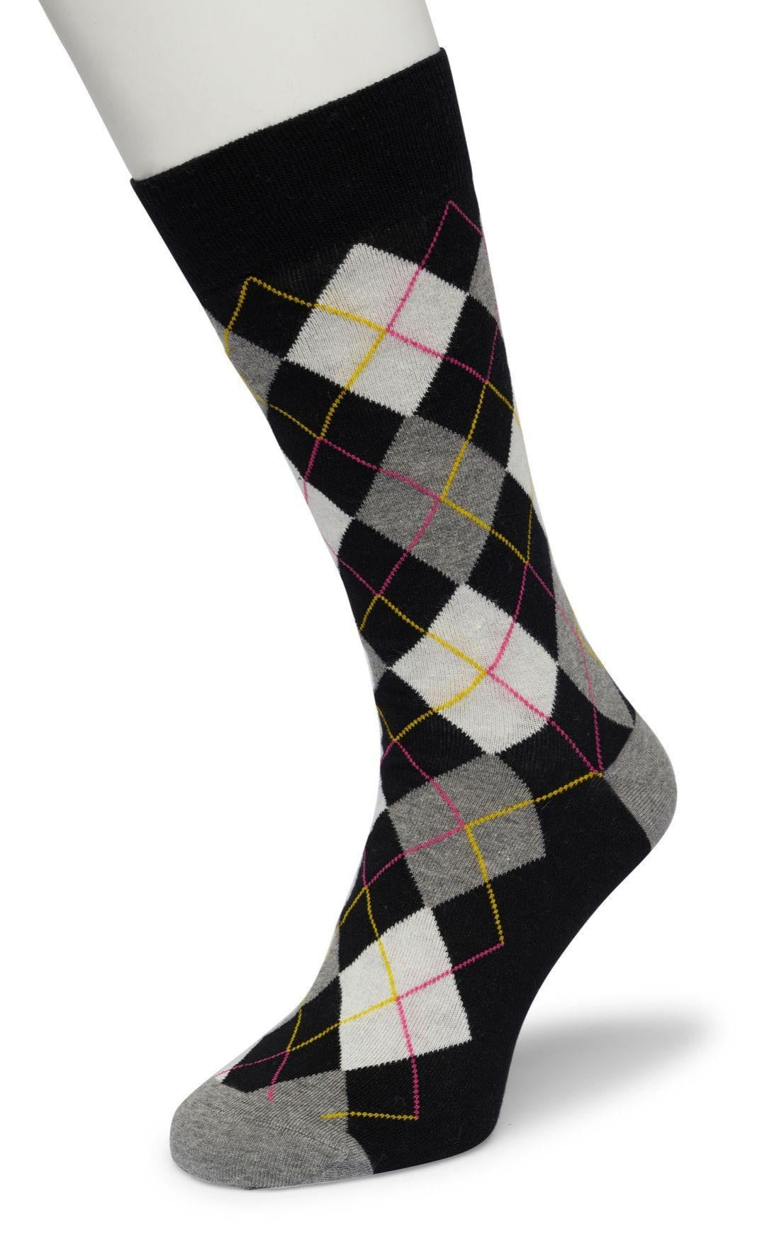 Bonnie Doon BP211122 Argyle Sock - Black, grey, yellow and pink cotton ankle socks with a golf style diamond argyle tartan check pattern.