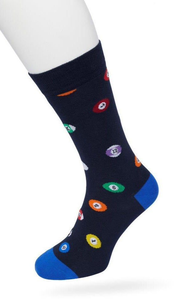 Bonnie Doon Billiards Sock - Navy cotton crew length ankle socks with pool table balls pattern in yellow, blue, red, green, lilac purple, white, orange and blue heel and toe.