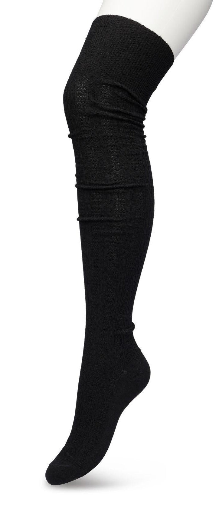 Bonnie Doon Cable Over-Knee Sock - Black cotton knitted over the knee socks with a cable knit style ribbed pattern 