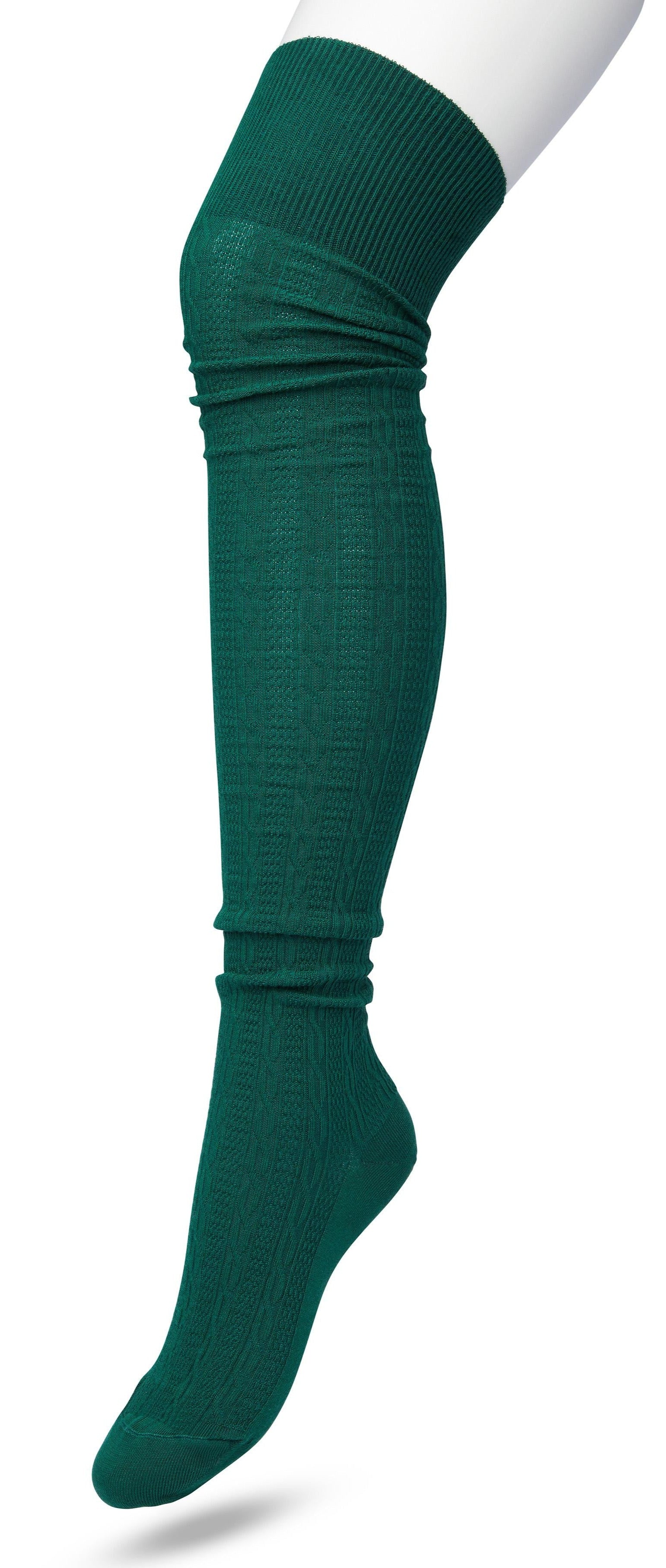 Bonnie Doon Cable Over-Knee Sock - Dark bottle green (trekking green) cotton knitted over the knee socks with a cable knit style ribbed pattern 
