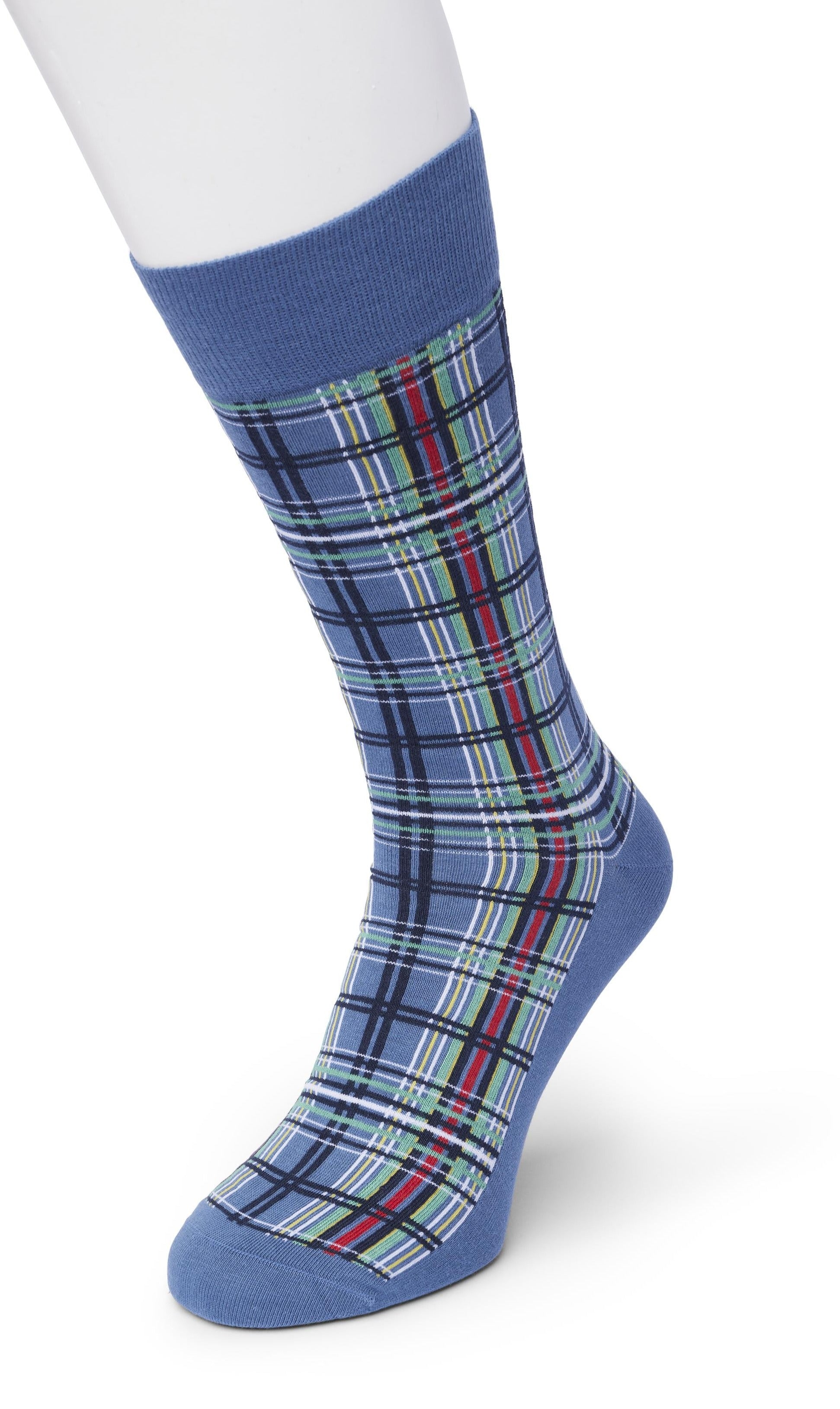 Bonnie Doon BP212114 Checks Sock - Denim blue cotton crew length ankle socks with a multicoloured tartan style pattern