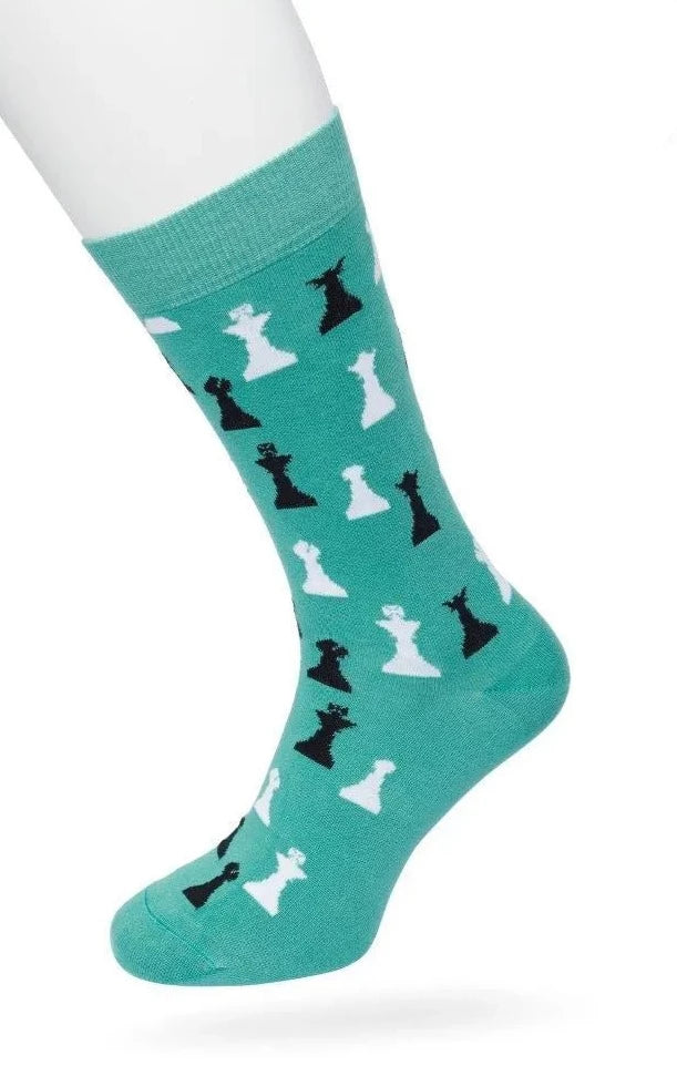 Bonnie Doon Chess Socks - Pale green cotton crew length ankle socks with chess pieces pattern in white and black, shaped heel and flat toe seams.