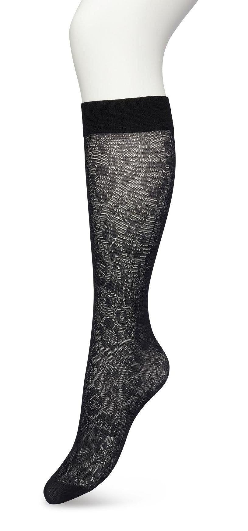 Bonnie Doon BP221803 Fancy Flowers Knee-Highs - Semi-sheer floral lace style patterned knee-high socks in black.