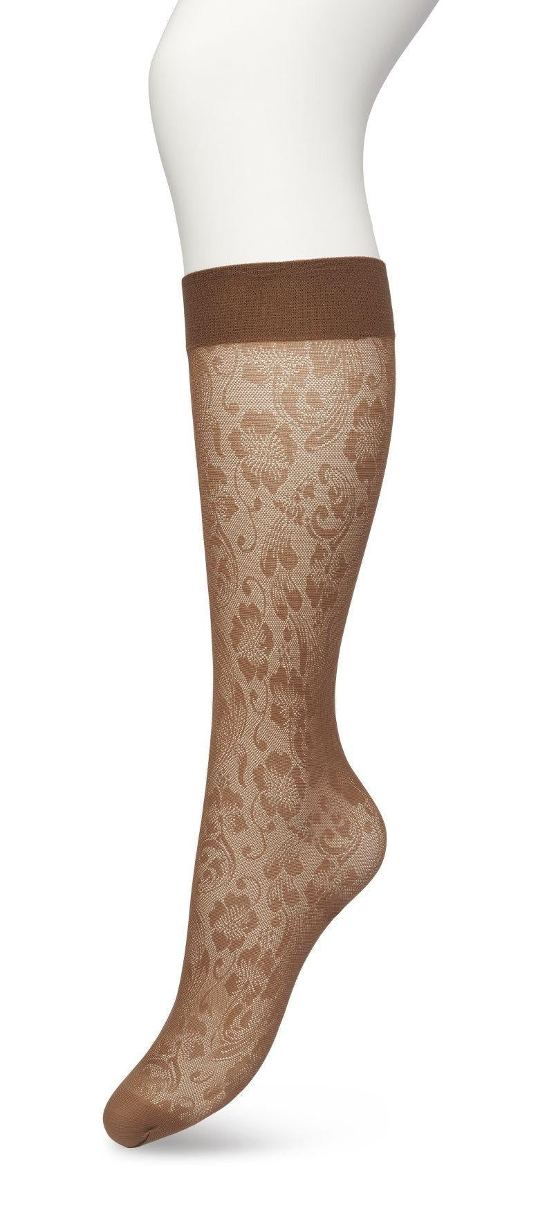 Bonnie Doon BP221803 Fancy Flowers Knee-Highs - Semi-sheer floral lace style patterned knee-high socks in light brown (bracken)