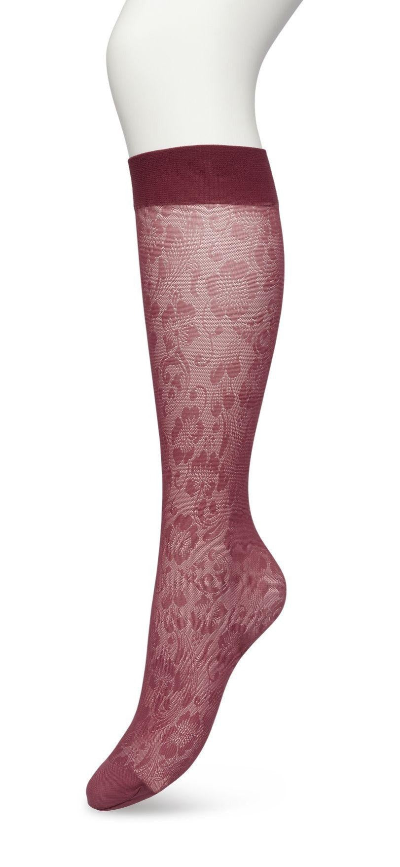 Bonnie Doon BP221803 Fancy Flowers Knee-Highs - Semi-sheer floral lace style patterned knee-high socks in wine (crushed violet)