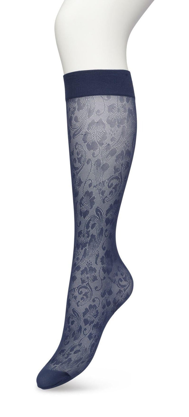 Bonnie Doon BP221803 Fancy Flowers Knee-Highs - Semi-sheer floral lace style patterned knee-high socks in navy blue.