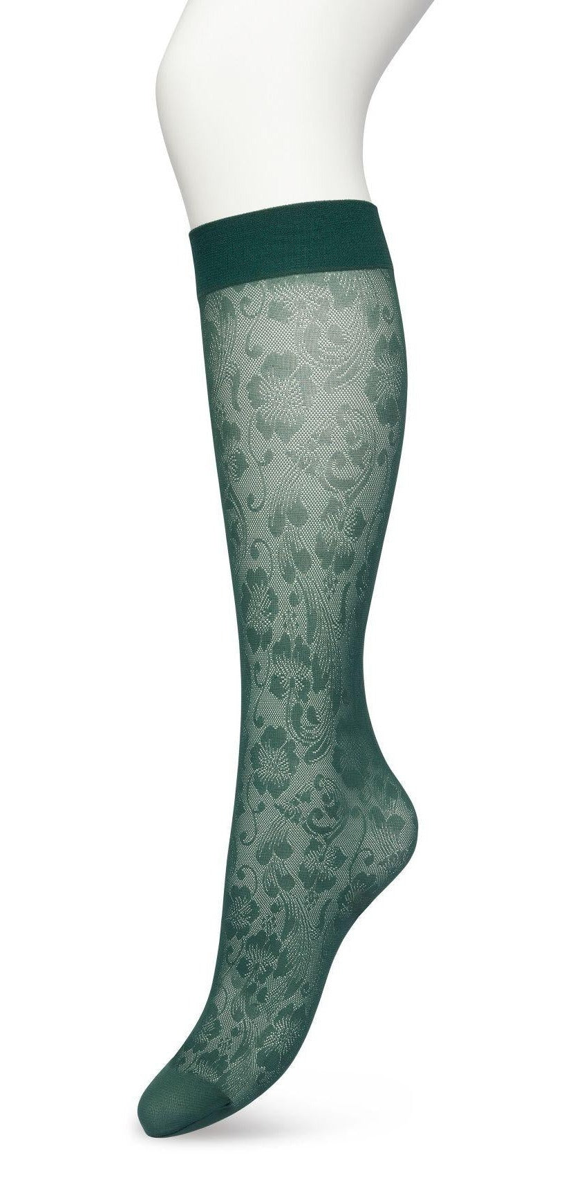 Bonnie Doon BP221803 Fancy Flowers Knee-Highs - Semi-sheer floral lace style patterned knee-high socks in dark bottle green (trekking green)