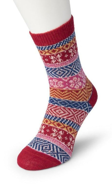Bonnie Doon BP051129 Folkloric Sock - Warm and soft thermal ankle socks with a fairisle style pattern and elasticated cuff in red, yellow, pink, blue and white.