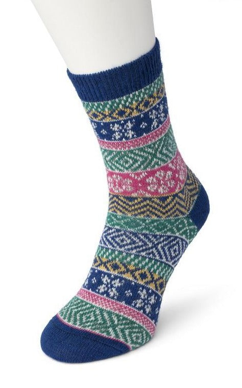 Bonnie Doon BP051129 Folkloric Sock - Warm and soft thermal ankle socks with a fairisle style pattern and elasticated cuff in blue, yellow, pink, green and white.