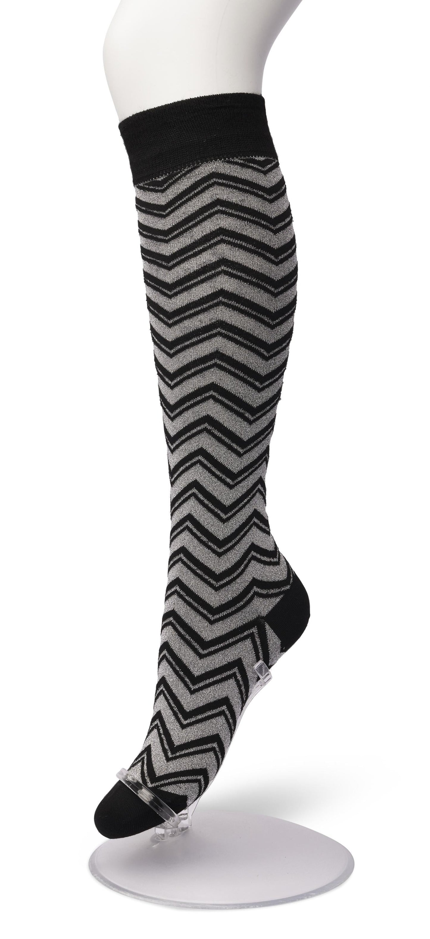 Bonnie Doon LL201501 Glittering Zig Zag Knee-high - Black cotton knee-high socks with a silver sparkly metallic zig-zag pattern, elasticated comfort cuff, shaped heel and flat toe seams.