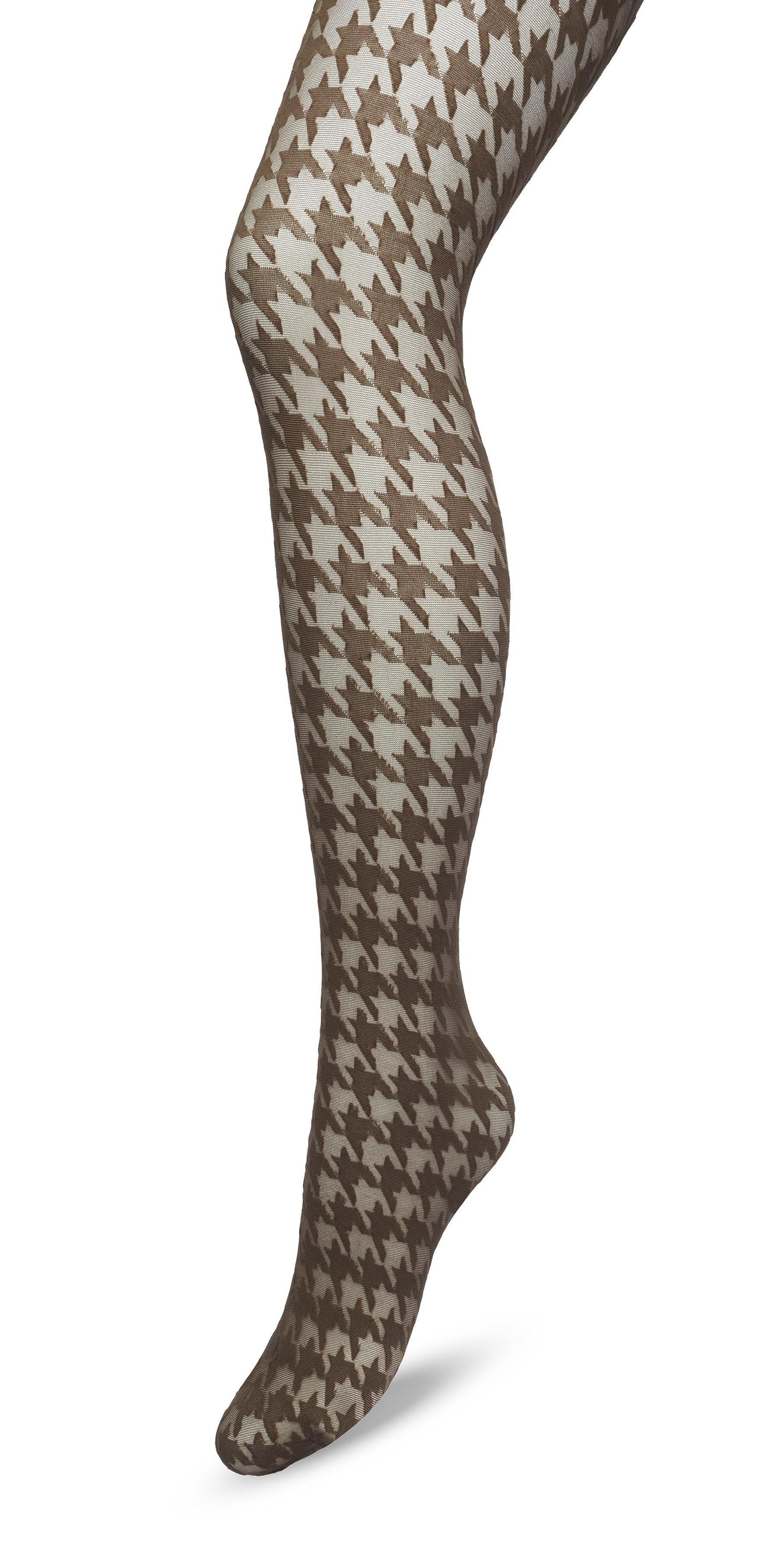 Bonnie Doon BP221903 Houndstooth Tights - Sheer brown fashion tights with a woven opaque dogtooth pattern.