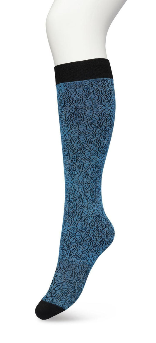 Bonnie Doon Mandala Knee-Highs - Ultra opaque denim blue fashion knee-high glossy socks with a black mandala floral style pattern in black and a deep black comfort cuff.