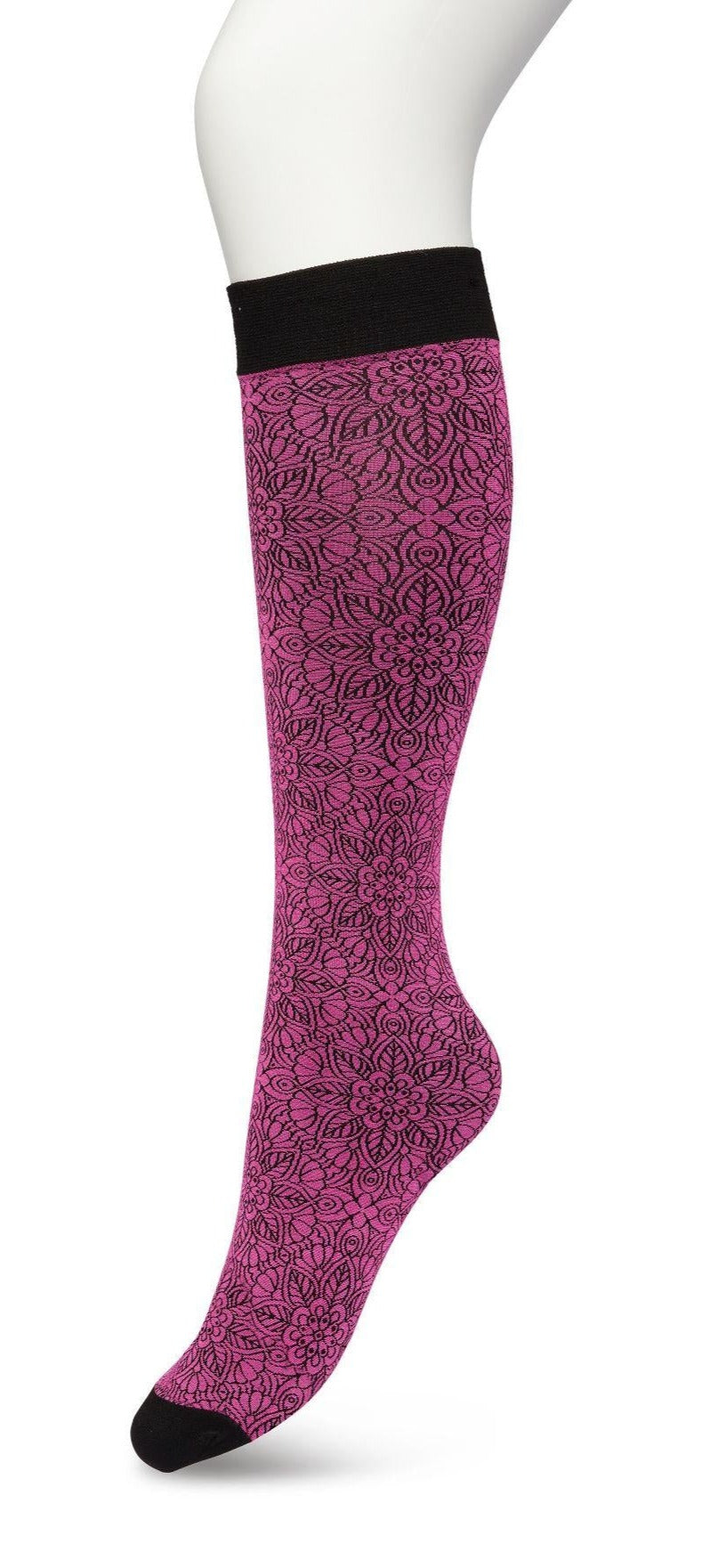 Bonnie Doon Mandala Knee-Highs - Ultra opaque pink fashion knee-high glossy socks with a black mandala floral style pattern in black and a deep black comfort cuff.