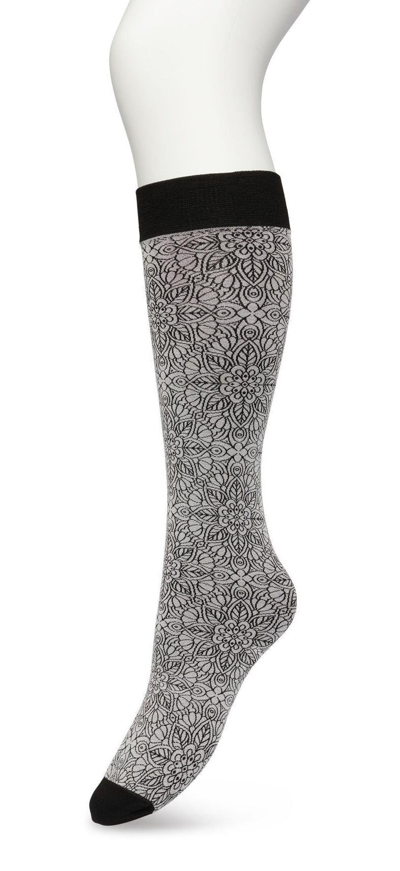 Bonnie Doon Mandala Knee-Highs - Ultra opaque silver grey fashion knee-high glossy socks with a black mandala floral style pattern in black and a deep black comfort cuff.