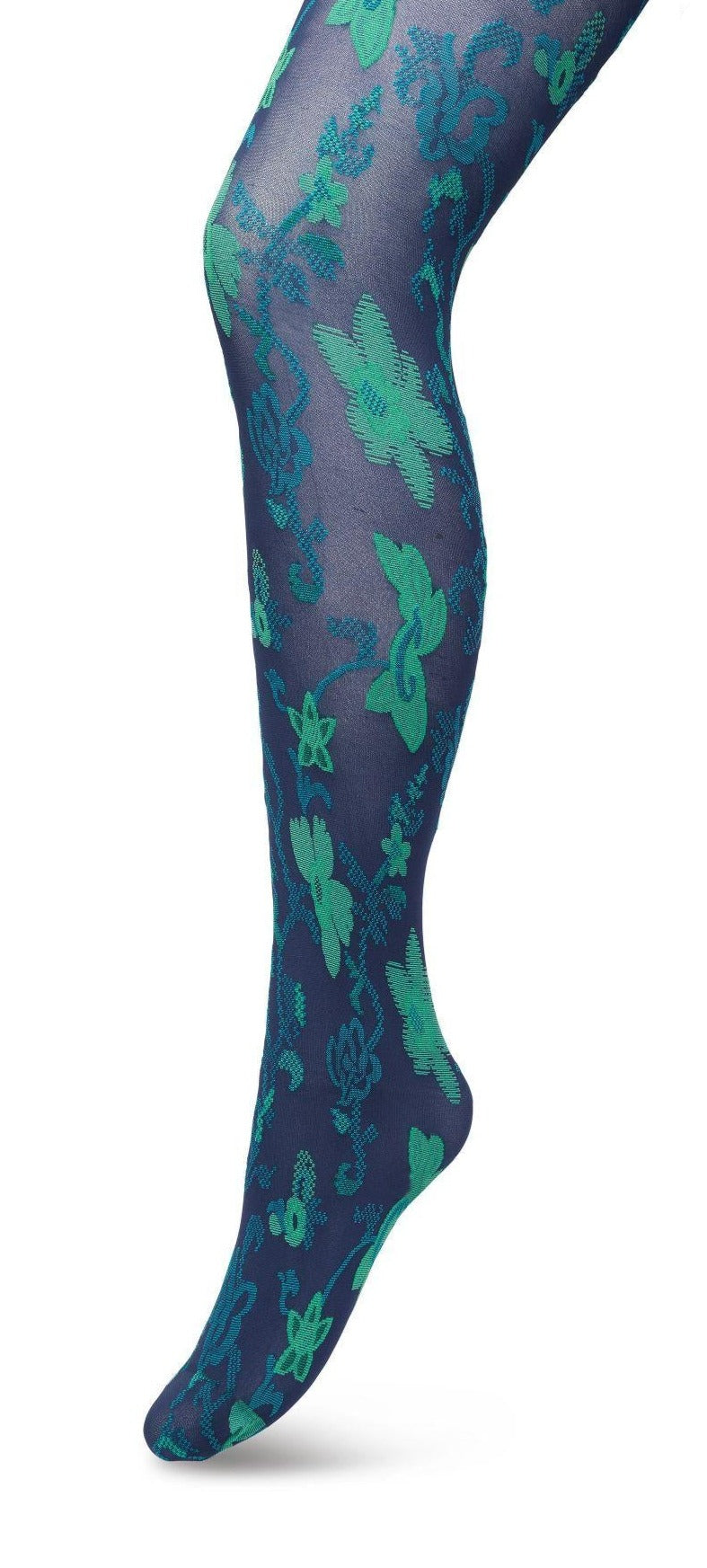 Bonnie Doon BP221905 Floral Ornament Tights - Navy opaque fashion tights with a woven floral vine pattern in teal blue and turquoise green