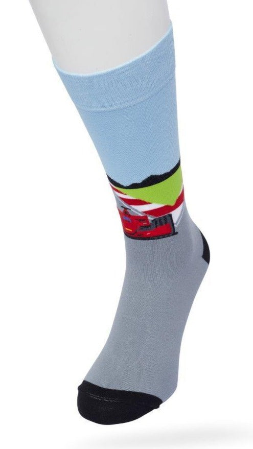 Bonnie Doon Formula Racing Sock - Men's cotton crew length sock with racing car and track scene pattern, perfect for the formula 1 fan in your life.