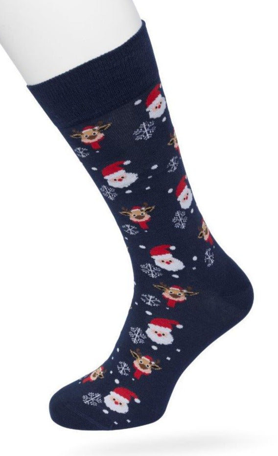 Bonnie Doon Santa & Rudolf Sock - men's Christmas themed cotton crew length ankle socks with Santas, Rudolf and snowflakes and and flat toe seams.