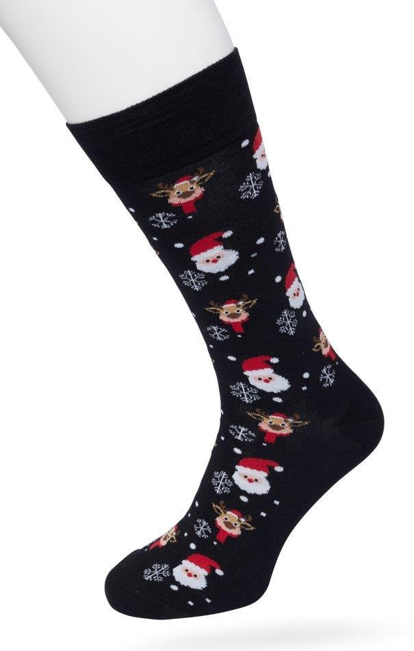 Bonnie Doon Santa & Rudolf Sock - men's Christmas themed cotton crew length ankle socks with Santas, Rudolf and snowflakes and and flat toe seams.