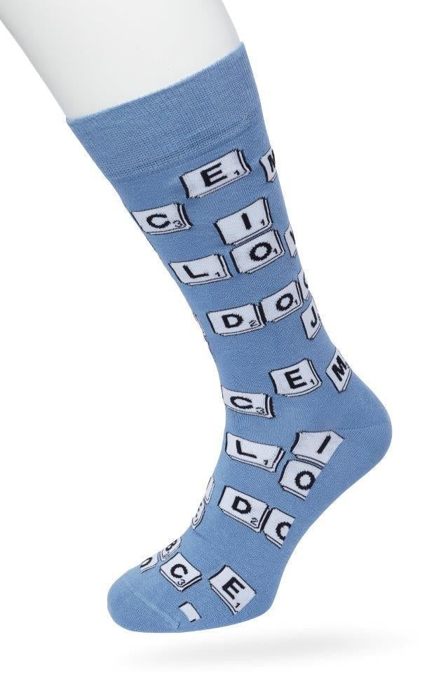 Bonnie Doon BT992134 Scrabble Sock - Light blue cotton crew length ankle socks with white scrabble letter tiles pattern, shaped heel and flat toe seams.