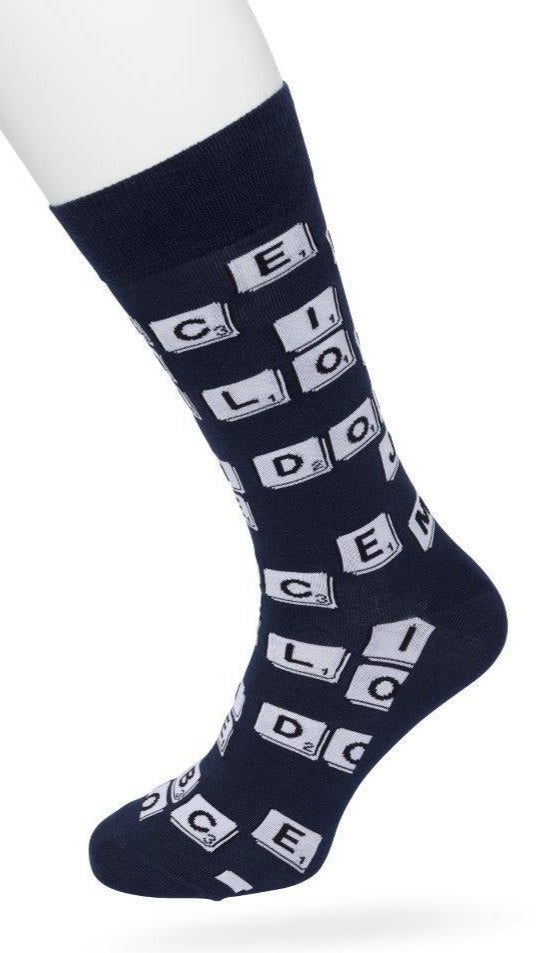 Bonnie Doon BT992134 Scrabble Sock - Dark navy cotton crew length ankle socks with white scrabble letter tiles pattern, shaped heel and flat toe seams.