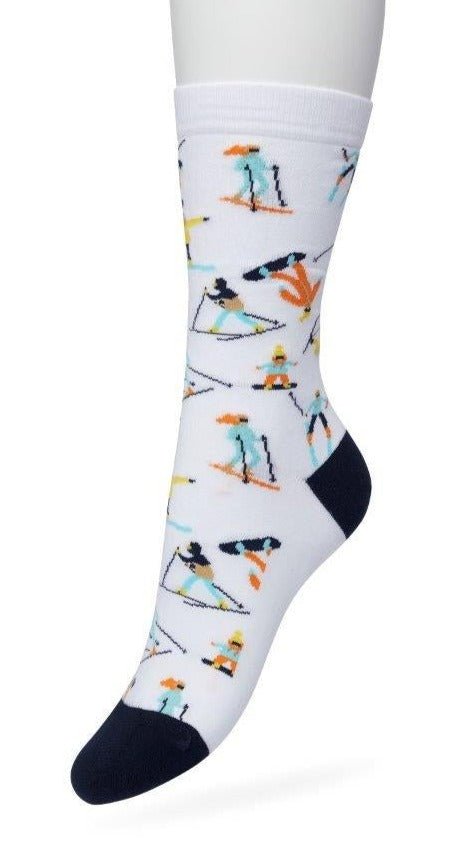 Bonnie Doon BT991128 Skiing Sock - White cotton crew length ankle socks with multicoloured downhill skiers and snowboarders pattern, shaped heel and flat toe seams.