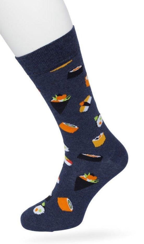 Bonnie Doon Sushi Sock - Navy blue cotton crew length ankle socks with multicoloured sushi pattern, shaped heel and flat toe seams.